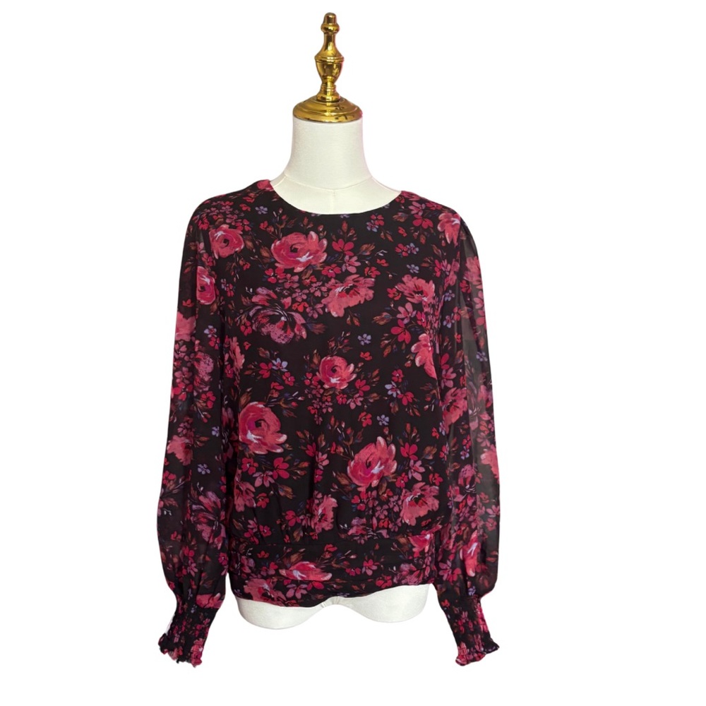 Nine Britton Black and Red Pink Ruched Sleeve Floral Blouse